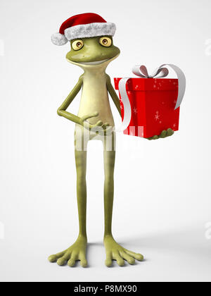 3D rendering di un sorridente, cartoon frog indossando un cappello da Babbo Natale e tenendo un regalo di Natale. Sfondo bianco. Foto Stock