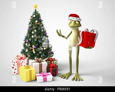 3D rendering di un sorridente, cartoon frog indossando un cappello da Babbo Natale e tenendo un regalo di Natale. Egli sta accanto a un albero di Natale con i doni sotto di esso. Wh Foto Stock