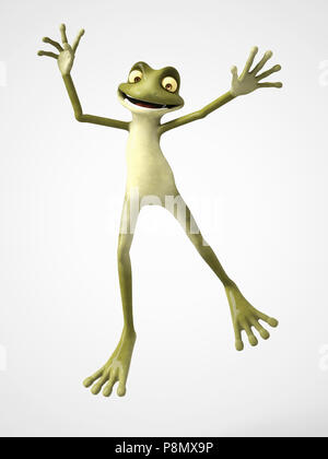 3D rendering di un sorridente, cartoon rana salti di gioia. Sfondo bianco. Foto Stock