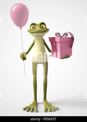 3D rendering di un sorridente, cartoon frog tenendo un palloncino rosa in una mano e un regalo di compleanno in altri. Sfondo bianco. Foto Stock