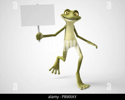 3D rendering di un sorridente, cartoon frog tenendo un segno bianco nella sua mano. Sfondo bianco. Foto Stock
