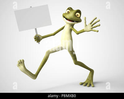 3D rendering di un sorridente, cartoon frog tenendo un segno bianco nella sua mano. Sfondo bianco. Foto Stock
