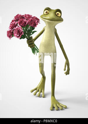 3D rendering di un sorridente, romantico cartoon frog tenendo un mazzo di rose. Sfondo bianco. Foto Stock