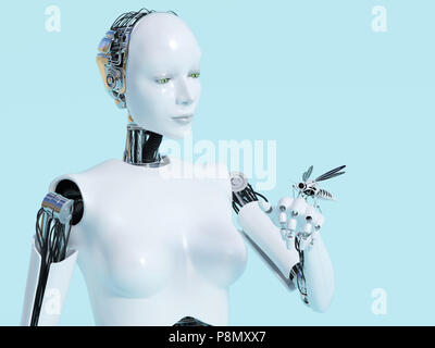 3D rendering di un robot femmina guardando un manipolatore robotico di zanzara che si siede sulla sua mano. Luce di sfondo blu. Foto Stock