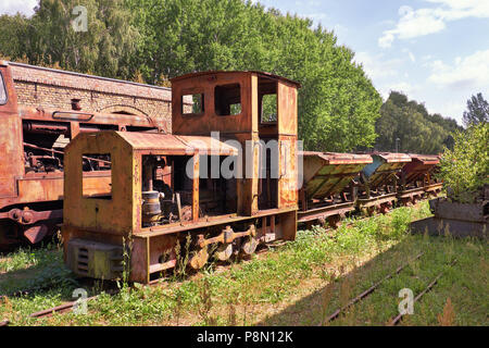 Abbandonata e ruggine treno a vapore e del carbone vagons presso la storica fabbrica di mattoni (Ziegeleipark in tedesco) in Mildenberg vicino a Berlino, Germania Foto Stock