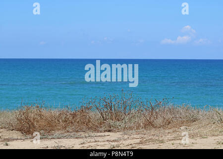 Bellissimo sfondo del mare con erba secca di sabbia sul terreno, il blu del mare e cielo molto nuvoloso Foto Stock