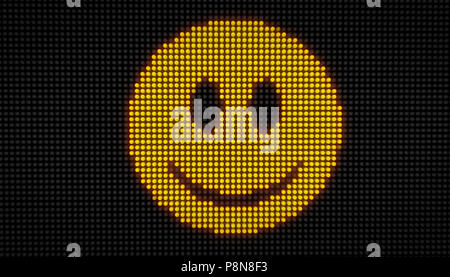 Emoticon smile faccia sul grande display a LED con pixel di grandi dimensioni. Luce brillante felice espressione icona sui bulbi stilizzata display 3D'illustrazione. Foto Stock