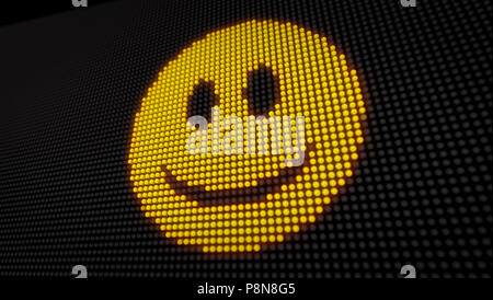 Emoticon smile faccia sul grande display a LED con pixel di grandi dimensioni. Luce brillante felice espressione icona sui bulbi stilizzata display 3D'illustrazione. Foto Stock