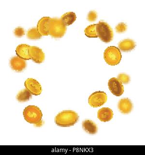 Stock illustrazione vettoriale realistico la caduta delle monete in oro. Pioggia di denaro. Isolato su trasparente lo sfondo a scacchi. EPS10 Illustrazione Vettoriale
