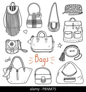 Set di disegnato a mano accessori per le donne. Sacchetti Illustrazione Vettoriale