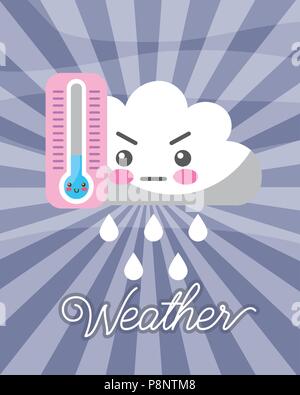 Kawaii cloud gocce di pioggia termometro freddo meteo illustrazione vettoriale Illustrazione Vettoriale