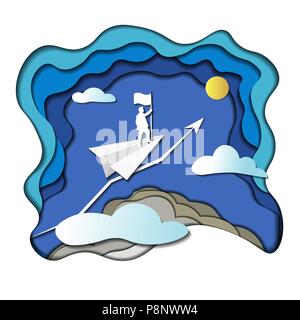 Nuvole, origami, sun, uomo, bandiera, fino, freccia, vettore illustrazione. Carta, blu, bianco, in aereo Illustrazione Vettoriale