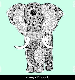 Bella indiano elefante in zentangle ornamento di stile asiatico. elefante mandala razukrashka Antistress Illustrazione Vettoriale