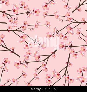Momo pesca fiore Blossom Seamless su sfondo rosa. Illustrazione Vettoriale. Illustrazione Vettoriale