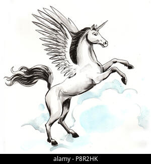 White unicorn. China e acquarello illustrazione Foto Stock