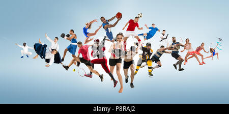 Sport collage circa kickboxing, calcio, football americano, basket, hockey su ghiaccio, badminton, taekwondo, tennis, rugby Foto Stock