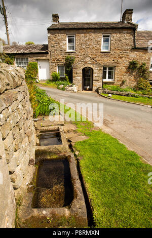 Regno Unito, Inghilterra, Yorkshire, Swaledale, Healaugh, molla-alimentata acqua trogoli nel centro del villaggio Foto Stock