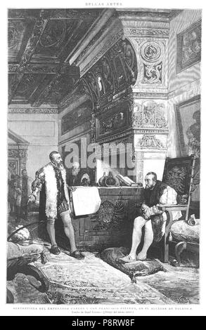 10 1887-01-15, la Ilustración Española y Americana, Entrevista del Emperador Carlos V con Francisco Pizarro, en el Alcázar de Toledo, Lizcano, Vela Foto Stock