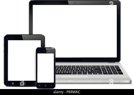 Mockup costituito da notebook, tablet pc e smartphone mobile con schermo vuoto. Per adaptive design presentazione. Illustrazione Vettoriale. Illustrazione Vettoriale
