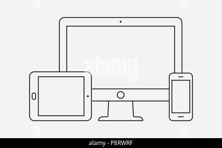 Moderni dispositivi digitali di una linea sottile e la relativa icona. Illustrazione Vettoriale. Illustrazione Vettoriale