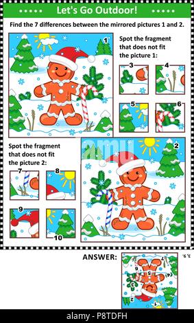 Anno nuovo o il Natale visual puzzle con lo zenzero l'uomo. Trovare le differenze tra le immagini speculari. Spot di frammenti di sbagliato. Le risposte sono inclusi. Illustrazione Vettoriale