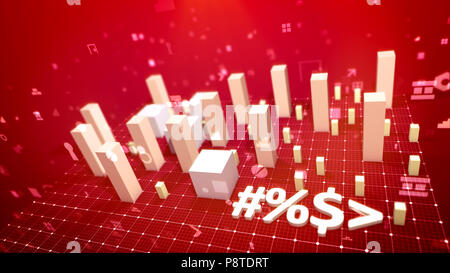 Un olografiche in 3D illustrazione di un grafico a barre e una freccia aslant messo su una griglia di bianco in lo sfondo rosso. Le colonne bianche significato business indicat Foto Stock