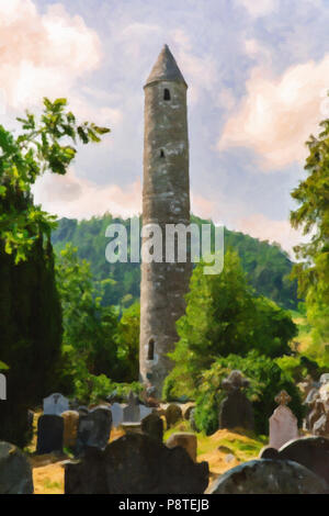 Illustrazione a colori di una pietra torre rotonda circondato da monumenti funerari presso il sito monastico di Glendalough Valley in County Wicklow Irlanda Foto Stock