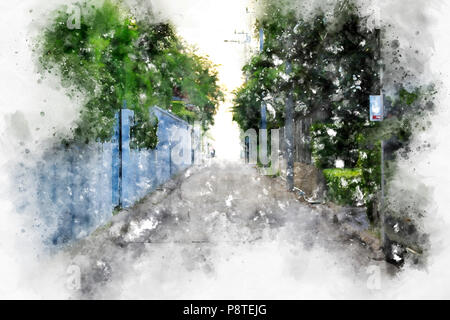 Abstract Street e albero sulla pittura ad acquerello sfondo. Foto Stock