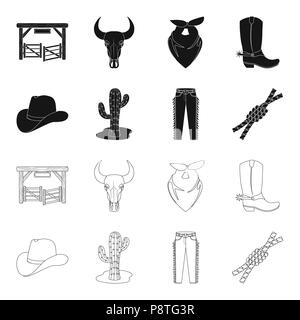 Hat, cactus, jeans, nodo sul lazo. Rodeo set di icone di raccolta in nero,Outline stile simbolo vettore illustrazione stock . Illustrazione Vettoriale