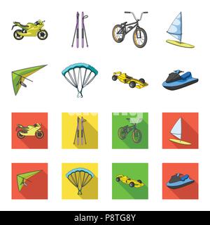 Deltaplano, paracadute, auto racing, acqua scooter.sport estremo set di icone di raccolta in cartoon,stile piatto simbolo vettore illustrazione stock . Illustrazione Vettoriale