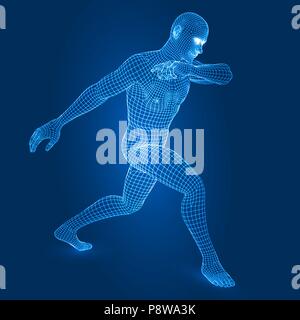 Uomo digitale figura nella lotta pongono 3d stile wireframe illustrazione vettoriale. Illustrazione Vettoriale
