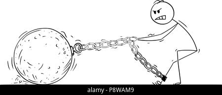 Cartoon di uomo o imprenditore tirando grande palla di ferro concatenati per la sua gamba Illustrazione Vettoriale