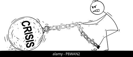 Cartoon di uomo o imprenditore tirando grande palla di ferro con testo di crisi incatenato al suo gamba Illustrazione Vettoriale