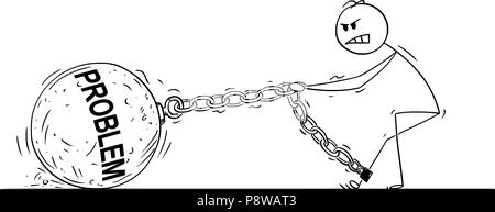 Cartoon di uomo o imprenditore tirando grande palla di ferro con testo problema incatenato al suo gamba Illustrazione Vettoriale