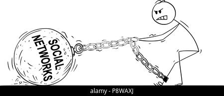 Cartoon di uomo o imprenditore tirando grande palla di ferro con reti sociali testo concatenati per la sua gamba Illustrazione Vettoriale