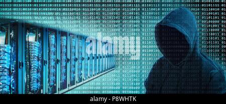 Un certo numero di server con cifre binarie e la silhouette di un hacker | Utilizzo di tutto il mondo Foto Stock