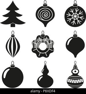 Bianco e nero albero di natale decorazione set di silhouette. Vacanze a tema illustrazione vettoriale per icona, adesivo, patch, etichetta, segno, badge, certificato o g Illustrazione Vettoriale