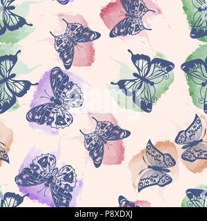 Acquerello, Butterfly, vernici, macchie, blu, viola, rosa, sfondo senza giunture. Illustrazione Vettoriale