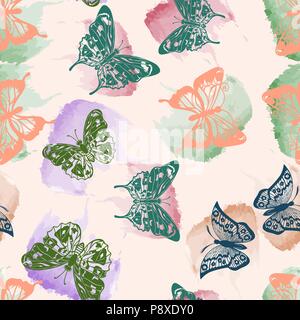 Acquerello, Butterfly, vernici, macchie, blu, viola, rosa, sfondo senza giunture. Illustrazione Vettoriale