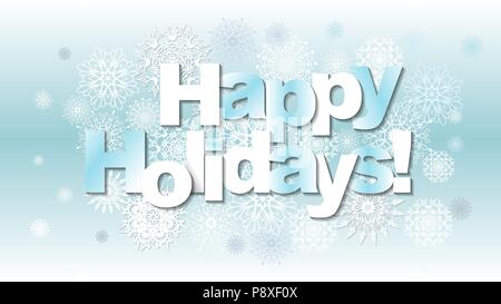 Felici vacanze modello cartolina. Moderne Anno nuovo lettering con fiocchi di neve e rami su sfondo blu. Scheda di Natale concetto. Illustrazione Vettoriale