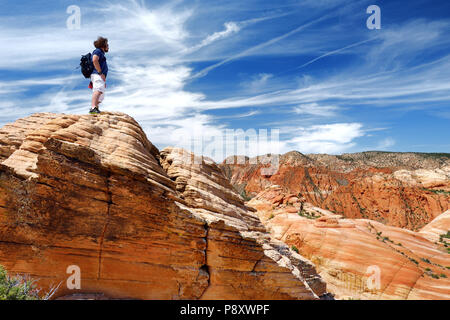 Escursionista ammirando le viste mozzafiato di colorate formazioni di pietra arenaria di Yant piana, Utah, Stati Uniti d'America Foto Stock