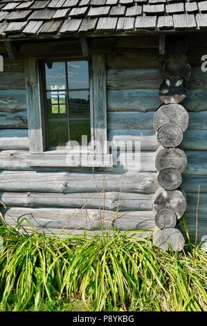 Log Cabin replica presso il sito di Laura Ingalls Wilder i natali, impostazione per il libro "Piccola casa in grandi boschi", Pipino, Wisconsin, STATI UNITI D'AMERICA Foto Stock