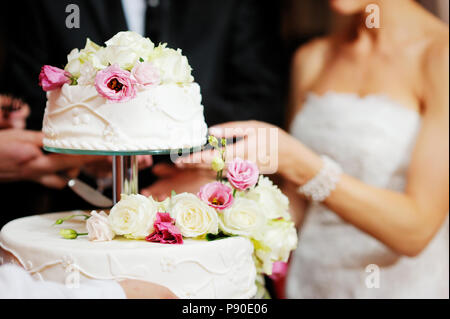 Sposa e lo sposo sono il taglio loro torta di nozze al ricevimento di nozze Foto Stock