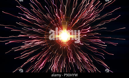 Collisione di particelle e di esplosione. Rosso brillante particelle con flussi si scontrano e creare esplosioni shockwave con sentieri. Sferica explosi multicolore Foto Stock