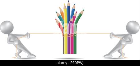 Vettore tracciato persone simbolo,Tug di guerra la matita è nel mezzo. Illustrazione Vettoriale