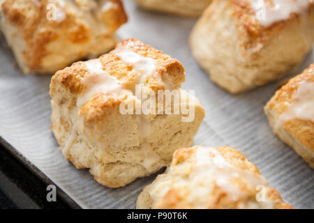 Pane appena sfornato Scones spruzzata di glassa Foto Stock