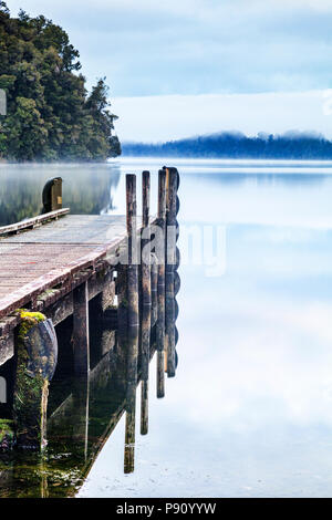 Vecchio Pontile Lago Mapourika costa ovest della Nuova Zelanda Foto Stock