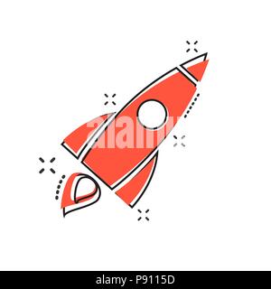 Vector cartoon icona a razzo in stile fumetto. Startup cartello di lancio illustrazione pittogramma. Rocket business effetto splash concept. Illustrazione Vettoriale