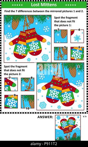 Anno nuovo o il Natale visual puzzle con un paio di guanti a maglia. Trovare le differenze tra le immagini speculari. Spot di frammenti di sbagliato. Illustrazione Vettoriale