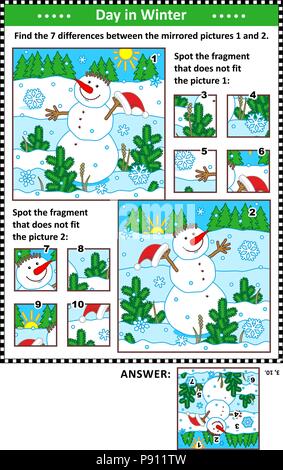 Anno nuovo o il Natale visual puzzle con allegro pupazzo di neve. Trovare le differenze tra le immagini speculari. Spot di frammenti di sbagliato. Illustrazione Vettoriale